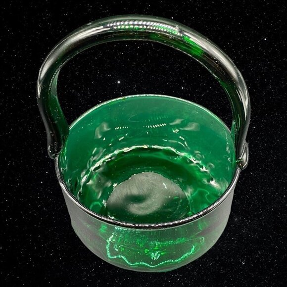 Art Glass Emerald Green Centerpiece Handled Basket Hand Blown 6”T 5”W - Picture 6 of 8